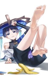 Rule 34 | 1boy, anger vein, banana peel, bare legs, barefoot, bishounen, black shorts, blue eyes, blue hair, blue hat, bridal gauntlets, commentary request, eyelashes, fallen down, feet, foot focus, foreshortening, genshin impact, hakama, hakama shorts, hat, highres, io spr, japanese clothes, knees together feet apart, looking at viewer, lying, male focus, off shoulder, on back, parted bangs, parted lips, scaramouche (genshin impact), shadow, short hair, shorts, simple background, single bare shoulder, soles, solo, toes, wanderer (genshin impact), white background