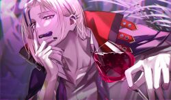 Rule 34 | 1boy, absurdres, alcohol, black nails, blonde hair, blunt ends, bob cut, bowtie, cape, collarbone, collared shirt, colored tongue, commentary, cup, drinking glass, ear piercing, english commentary, facial mark, hair behind ear, half-closed eyes, hand on own face, highres, holding, holding cup, holostars, holostars english, licking lips, looking at viewer, magni dezmond, male focus, mole, mole under mouth, multicolored hair, naizou bug, open collar, parted bangs, piercing, plant, print hair, purple background, purple cape, purple hair, purple tongue, shirt, short hair, solo, spilling, streaked hair, teeth, tongue, tongue out, undone bowtie, upper body, upper teeth only, virtual youtuber, white shirt, wine, wine glass, yellow eyes