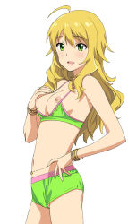 Rule 34 | 1girl, a1 (initial-g), ahoge, bare shoulders, belly chain, blonde hair, bracelet, breasts, green eyes, hoshii miki, idolmaster, idolmaster (classic), jewelry, long hair, looking at viewer, navel, nipple slip, nipples, open mouth, short shorts, shorts, simple background, solo, standing, white background
