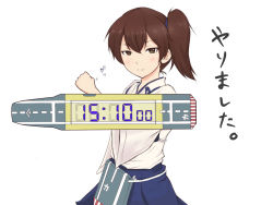 Rule 34 | 10s, 1girl, asymmetrical hair, brown eyes, brown hair, clock, digital clock, flight deck, japanese clothes, kaga (kancolle), kantai collection, looking at viewer, muneate, short hair, side ponytail, simple background, solo, tsutsunuke, white background, wide sleeves