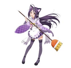 Rule 34 | 10s, 1girl, :d, animal ears, apron, cat ears, fake animal ears, full body, holding, long hair, looking at viewer, maid, maid headdress, open mouth, pointy ears, purple hair, purple thighhighs, red eyes, simple background, smile, solo, sword art online, thighhighs, wa maid, white background, yuuki (sao), zettai ryouiki