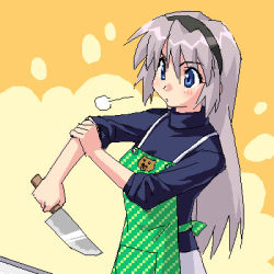 Rule 34 | 00s, apron, blue eyes, breath, clannad, knife, long hair, lowres, oekaki, rolling sleeves up, sakagami tomoyo, silver hair, sleeves pushed up, solo, zen