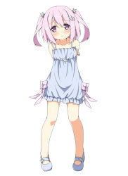 Rule 34 | 1girl, arms behind back, bare legs, blush, dress, full body, hair ornament, hatsunatsu, highres, mary janes, no socks, original, pink eyes, pink hair, purple eyes, shoes, short hair, simple background, solo, standing, strap slip, two side up, wavy mouth, white background