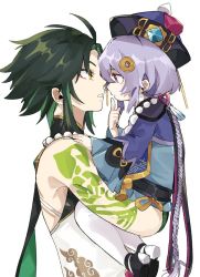 Rule 34 | 1boy, 1girl, ahoge, arm tattoo, bead necklace, beads, braid, carrying, deitaku, facial mark, forehead mark, from side, genshin impact, green hair, hair ornament, hat, jewelry, long hair, long sleeves, looking at another, necklace, ofuda, parted lips, pink eyes, profile, purple hair, qingdai guanmao, qiqi (genshin impact), simple background, single braid, sleeveless, tassel, tattoo, thighhighs, very long hair, white background, white thighhighs, xiao (genshin impact), yellow eyes