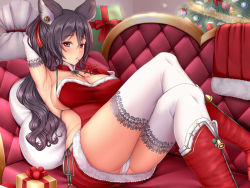 Rule 34 | 1girl, animal ears, backless outfit, bell, black hair, blush, box, breasts, chair, christmas, christmas tree, cleavage, commentary request, erune, gift, gift box, gloves, granblue fantasy, ilsa (granblue fantasy), large breasts, long hair, melopun, panties, pantyshot, ponytail, red eyes, red footwear, red gloves, sack, sitting, solo, thighhighs, underwear, white panties, white thighhighs