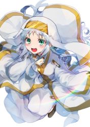 Rule 34 | 1girl, absurdres, aqua eyes, artist name, commentary, floating, habit, hana (h6n6 matsu), highres, index (toaru majutsu no index), long hair, long sleeves, looking at viewer, nun, open mouth, rainbow, robe, safety pin, signature, silver hair, smile, solo, sphinx (toaru majutsu no index), toaru majutsu no index, white background, white headwear, white robe, wide sleeves