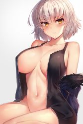 Rule 34 | 1girl, black dress, blue coat, blush, breasts, closed mouth, coat, collarbone, dress, fate/grand order, fate (series), fur-trimmed coat, fur trim, hair between eyes, highres, jeanne d&#039;arc (fate), jeanne d&#039;arc alter (fate), jeanne d&#039;arc alter (ver. shinjuku 1999) (fate), large breasts, looking at viewer, motokonut, navel, off shoulder, official alternate costume, open clothes, open coat, open dress, short dress, short hair, silver hair, sitting, solo, thighs, wariza, wicked dragon witch ver. shinjuku 1999, yellow eyes