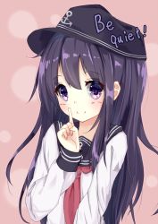 Rule 34 | 1girl, akatsuki (kancolle), anchor symbol, black hat, blush, closed mouth, commentary request, english text, finger to mouth, fingernails, flat cap, hair between eyes, hamaru (s5625t), hat, kantai collection, long hair, long sleeves, looking at viewer, neckerchief, pink background, purple eyes, purple hair, red neckerchief, school uniform, serafuku, shirt, shushing, simple background, smile, solo, very long hair, white shirt