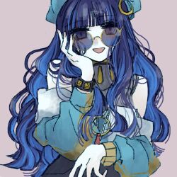Rule 34 | 1girl, :d, bare shoulders, beret, black hair, blue-tinted eyewear, blue hair, blue hat, bracelet, dot nose, fate/grand order, fate (series), green jacket, grey eyes, hand on own face, hat, highres, jacket, jewelry, long hair, looking at viewer, multicolored hair, o-ring, off shoulder, open mouth, pink background, round eyewear, signature, simple background, smile, solo, sunglasses, tenochtitlan (fate), tinted eyewear, urayaka, wavy hair