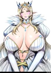 Rule 34 | 1girl, blonde hair, blush, breasts, bursting breasts, cleavage, elf, fei (maidoll), green eyes, huge breasts, long hair, mole, mole on breast, mole under eye, open mouth, pointy ears, queen, solo
