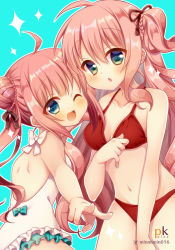 Rule 34 | 2girls, ;d, ahoge, artist name, bare arms, bare back, bare shoulders, bikini, breasts, chestnut mouth, cleavage, collarbone, commentary request, double bun, gradient eyes, hair ribbon, highres, long hair, looking at viewer, medium breasts, multicolored eyes, multiple girls, nail polish, navel, one eye closed, open mouth, original, pink hair, pk (mukasihasakana), ribbon, siblings, sisters, smile, stomach, swimsuit, twintails
