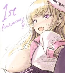 Rule 34 | 1girl, anniversary, blonde hair, bloom, blush, breasts, brown dust 2, corset, eleaneer (brown dust 2), english text, eyebrows hidden by hair, from behind, full-face blush, hat, huge breasts, long hair, looking at viewer, looking back, mini hat, mini top hat, open mouth, pink eyes, pink hat, purple corset, shadow, shiina nami, shirt, short sleeves, sideboob, solo, sweatdrop, teeth, top hat, upper body, upper teeth only, very long hair, white shirt