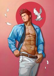 Rule 34 | 1boy, abs, alternate costume, bara, bare pectorals, bird, blue eyes, blue shirt, brown hair, casual, clothes pull, collared shirt, facial hair, falling feathers, fate/grand order, fate (series), feathers, feet out of frame, flying, goatee, groin, highres, leather belt, long sideburns, long sleeves, looking to the side, male focus, mature male, muscular, muscular male, napoleon bonaparte (fate), navel, nipples, open clothes, open shirt, pants, pants pull, pectorals, pigeon, shirt, short hair, sideburns, solo, standing, stomach, white pants, wy (kxkp4774)