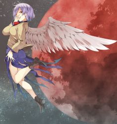 Rule 34 | 1girl, ass, bad id, bad twitter id, bare legs, black footwear, blue dress, breasts, covering own mouth, dress, feathered wings, flying, from side, full body, grey wings, hasebe yuusaku, highres, jacket, kishin sagume, long sleeves, looking at viewer, looking to the side, medium breasts, planet, red eyes, shoes, short dress, short hair, silver hair, single wing, solo, space, touhou, wings