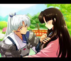 Rule 34 | 1boy, 1girl, armor, bridge, brown hair, day, demon boy, eyeshadow, facial mark, grabbing another&#039;s hair, high ponytail, hime cut, inu no taishou, inuyasha, izayoi (inuyasha), letterboxed, light smile, looking at another, makeup, outdoors, pointy ears, ponytail, profile, tennen shiori, tree