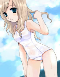 Rule 34 | 00s, 1girl, bare shoulders, blonde hair, blue eyes, chimaro, cloud, day, dutch angle, long hair, lowres, maria-sama ga miteru, oekaki, one-piece swimsuit, open mouth, school swimsuit, see-through, sky, solo, swimsuit, toudou shimako, white school swimsuit, white one-piece swimsuit
