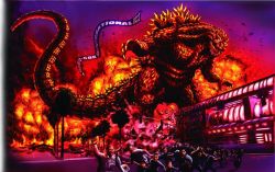 Rule 34 | city, dinosaur, explosion, giant, giant monster, godzilla, godzilla (series), kaijuu, monster, official art, toho, torisawa yasushi