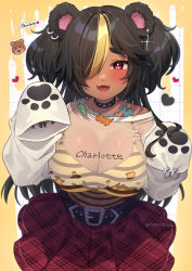 Rule 34 | 1girl, animal ears, asymmetrical hair, bare shoulders, bear ears, bear girl, belt, black collar, black hair, black nails, blonde hair, breasts, bright pupils, chain, chain necklace, character name, charlotte bear, clothes writing, collar, commission, cross, cross earrings, dark-skinned female, dark skin, dinosaur, ear piercing, earrings, fangs, fingernails, grid, grid background, hair over one eye, heart, highres, indie virtual youtuber, jewelry, large breasts, long hair, melting, multicolored hair, nail polish, necklace, open mouth, paw print, piercing, plaid, plaid skirt, red eyes, red skirt, see-through, shirt, shirt tucked in, single bare shoulder, skeb commission, skirt, sleeves past wrists, smile, solo, sticker, streaked hair, striped, studded collar, teeth, tight clothes, tight shirt, tongue, torn, torn clothes, trente, twintails, twitter username, virtual youtuber, white pupils