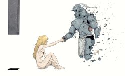 Rule 34 | 2boys, absurdres, alphonse elric, armor, bad id, bad twitter id, blonde hair, completely nude, disintegration, emaciated, from side, fullmetal alchemist, han gong, helmet, highres, holding hands, long hair, multiple boys, nude, pelvic curtain, plume, simple background, smile, spoilers, white background