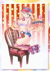 Rule 34 | 1girl, ;d, absurdres, ahoge, alternate costume, american flag, american flag print, apron, ass, blonde hair, blue eyes, breasts, burger, carnelian, chair, cleavage, clipboard, cutoffs, detached collar, drinking straw, employee uniform, fast food, fast food uniform, fingerless gloves, flag print, food, french fries, gloves, gradient background, halterneck, headset, highres, holding, iowa (kancolle), kantai collection, kneeling, large breasts, legs, long hair, micro shorts, milkshake, necktie, one eye closed, open mouth, pinky out, red necktie, red thighhighs, roller skates, scan, shiny skin, shorts, skates, smile, solo, star-shaped pupils, star (symbol), starry background, striped clothes, striped thighhighs, symbol-shaped pupils, thighhighs, tray, uniform, united states, visor cap, waist apron, waitress