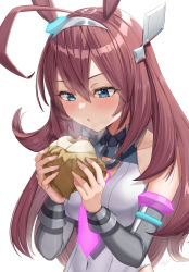 Rule 34 | 1girl, :o, absurdres, ahoge, animal ears, armlet, baozi, bare shoulders, blue eyes, blush, breasts, brown hair, commentary request, covered navel, detached sleeves, fingernails, food, grey hairband, grey leotard, hairband, highres, holding, holding food, horse ears, horseshoe, leotard, long hair, long sleeves, looking down, medium breasts, mihono bourbon (umamusume), parted lips, solo, steam, taiga (ryukyu-6102-8), umamusume, upper body, wrapper