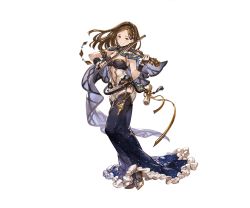 Rule 34 | 10s, 1girl, bow (music), breasts, brown eyes, brown hair, cleavage, full body, granblue fantasy, hairband, instrument, long hair, matching hair/eyes, minaba hideo, navel, novei (granblue fantasy), official art, solo, teeth, transparent background, violin