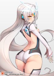 Rule 34 | 1girl, ass, bad id, bad pixiv id, blush, bodysuit, breasts, butt crack, elsword, eve (elsword), gradient background, grey hair, headgear, leotard, long hair, long sleeves, looking at viewer, looking back, md5 mismatch, nipples, parted lips, resolution mismatch, sidelocks, small breasts, solo, thighhighs, thighs, very long hair, waero, watermark, web address, white leotard, yellow eyes
