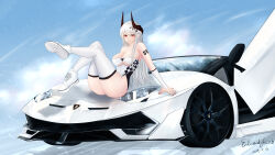 Rule 34 | 1girl, absurdres, alternate costume, arknights, artist name, ass, bare shoulders, black horns, blowing bubbles, breasts, car, chewing gum, chinese commentary, cleavage, clothing cutout, commentary request, dated, edward-jacob (pixiv 17991780), fingernails, full body, highres, horns, lamborghini, lamborghini aventador, large breasts, leaning, legs up, leotard, long hair, looking at viewer, motor vehicle, mudrock (arknights), on vehicle, red eyes, reflection, reflective floor, shoe soles, shoes, signature, sneakers, solo, thighhighs, white footwear, white hair, white leotard, white thighhighs