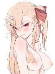 Rule 34 | 1girl, blush, bow, braid, breasts, girls&#039; frontline, hair between eyes, hair bow, hair ornament, hair ribbon, hairclip, heart, hexagram, highres, jingo, long hair, looking at viewer, medium breasts, negev (girls&#039; frontline), nipples, nude, one side up, pink hair, red bow, red eyes, ribbon, simple background, smirk, solo, star of david, upper body, white background