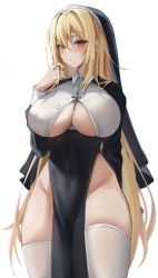 Rule 34 | 1girl, absurdres, bad id, bad twitter id, biya (1024), black dress, blonde hair, blush, breasts, clothing cutout, covered navel, cross, dress, habit, highres, large breasts, latin cross, long hair, long sleeves, looking at viewer, nun, open mouth, original, pelvic curtain, red eyes, solo, thighhighs, thighs, underboob, underboob cutout, white thighhighs