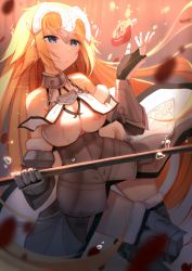Rule 34 | 1girl, armor, armored dress, bare shoulders, blonde hair, blue eyes, blurry, breasts, chain, closed mouth, depth of field, dutch angle, fate/apocrypha, fate/grand order, fate (series), flag, flower, gauntlets, greaves, headpiece, jeanne d&#039;arc (fate), jeanne d&#039;arc (ruler) (fate), jeanne d&#039;arc (third ascension) (fate), long hair, medium breasts, red flower, red rose, rizky (strated), rose, smile, solo, thigh gap