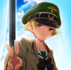 Rule 34 | 10s, 1girl, black bow, black bowtie, blonde hair, blue sky, blurry, blurry foreground, bow, bowtie, brown eyes, brown jacket, closed mouth, cloud, cloudy sky, commentary, curtains, day, depth of field, erwin (girls und panzer), girls und panzer, goggles, goggles on headwear, green hat, half-closed eyes, hat, indoors, jacket, light particles, long sleeves, looking at viewer, military hat, military jacket, ooarai school uniform, open clothes, open jacket, peaked cap, pointy hair, portrait, school uniform, short hair, sky, smile, solo, sonasiz, v, window