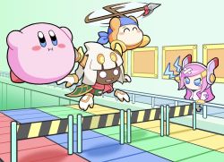 Rule 34 | 1girl, 2boys, bandaid, bandana, bandana waddle dee, blue eyes, blush stickers, bonziri 1658, cape, commentary request, conveyor belt, disembodied hand, extra eyes, fangs, floating, horns, hurdle, kirby, kirby: planet robobot, kirby (series), long hair, mario (series), mario party, mario party 7, minigame, multiple boys, nintendo, no mouth, open mouth, pink hair, polearm, rayman limbs, red neckwear, red scarf, scarf, short hair, spear, susie (kirby), taranza, tears, weapon, white eyes, white hair, yellow eyes