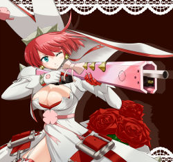 Rule 34 | 1girl, ahoge, aiming, aqua eyes, arc system works, artist request, blush, bouquet, bow, breasts, bridal veil, cleavage, clover, dress, elphelt valentine, fingernails over gloves, flower, four-leaf clover, garter straps, gloves, guilty gear, guilty gear xrd, gun, hat, large breasts, ms. confille, one eye closed, pink hair, red flower, red hair, red rose, revolver rifle, ribbon, rifle, rose, shiny clothes, shiny skin, short hair, sniper rifle, solo, spikes, thighhighs, veil, weapon, wedding dress, white dress