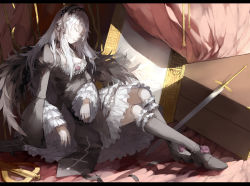 Rule 34 | 1girl, boots, doll joints, dress, frills, hairband, highres, joints, letterboxed, long hair, nine (liuyuhao1992), rozen maiden, silver hair, sleeping, solo, suigintou, sword, weapon, wings