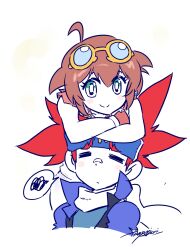 Rule 34 | 1boy, 1girl, adachi takafumi, amano madoka, artist name, beyblade, blue eyes, blue headband, brown gloves, brown hair, closed eyes, closed mouth, fingerless gloves, gloves, goggles, goggles on head, hagane gingka, headband, highres, metal fight beyblade, red hair, short twintails, signature, smile, speech bubble, twintails, white background
