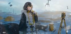 Rule 34 | 1girl, arknights, brown hair, coat, drone, earrings, gloves, highres, jewelry, magallan (arknights), multicolored hair, rhine lab logo, sakpi, snow, solo, streaked hair, tent, tripod, twitter username, white gloves, winter clothes, winter coat, yellow eyes