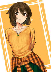 Rule 34 | 1girl, alternate costume, arms behind back, brown eyes, brown hair, clothes around waist, green pants, hiryuu (kancolle), jacket, jacket around waist, jewelry, kantai collection, looking at viewer, necklace, pants, parted lips, poco (backboa), ribbed sweater, short hair, solo, sweater, two-tone background, yellow background, yellow sweater