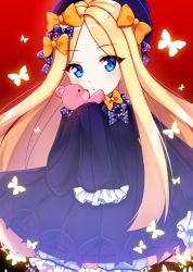 Rule 34 | 1girl, abigail williams (fate), black bow, black dress, black hat, blonde hair, bloomers, blue eyes, blush, bow, bug, butterfly, closed mouth, commentary request, dress, fate/grand order, fate (series), forehead, hair bow, hat, highres, hugging object, insect, long hair, long sleeves, looking at viewer, mamel 27, orange bow, parted bangs, polka dot, polka dot bow, red background, sleeves past fingers, sleeves past wrists, solo, stuffed animal, stuffed toy, teddy bear, underwear, very long hair, white bloomers