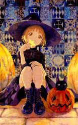 Rule 34 | 1girl, 2017, absurdres, artist name, biting, black cat, black footwear, boots, brown eyes, brown hair, cape, cat, commentary request, dated, halloween, hand on own knee, hat, highres, holding, holding star, jack-o&#039;-lantern, knees up, looking at viewer, maij, original, pumpkin, short hair, sitting, solo, star (symbol), tile wall, tiles, witch, witch hat