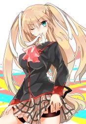 Rule 34 | 1girl, blonde hair, blue eyes, bow, juri (nattoutomato), little busters!, long hair, mouth hold, one eye closed, pink bow, plaid, plaid skirt, school uniform, skirt, solo, thigh strap, tokido saya, twintails, wink