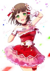 Rule 34 | 1girl, 2019, :d, amami haruka, arm up, bare shoulders, blush, bow, breasts, brown hair, character name, choker, collarbone, confetti, cowboy shot, dress, eyebrows hidden by hair, flower, gloves, green eyes, hair flower, hair ornament, hand up, idolmaster, idolmaster (classic), idolmaster million live!, ittokyu, looking at viewer, open mouth, red bow, red choker, red dress, sidelocks, signature, simple background, small breasts, smile, solo, strapless, strapless dress, white background, white flower, white gloves