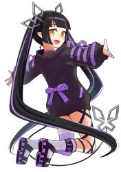 Rule 34 | 1girl, absurdres, black footwear, black hair, black jacket, black ribbon, blunt bangs, blush, boots, commentary request, cross-laced clothes, cross-laced sleeves, demon girl, demon horns, demon tail, full body, highres, horns, ishimari, jacket, kojo anna, kojo anna (1st costume), leg ribbon, long hair, long sleeves, looking at viewer, looking back, multicolored footwear, multicolored hair, nanashi inc., open mouth, pointy ears, purple footwear, purple hair, purple thighhighs, ribbon, russian text, simple background, single thighhigh, smile, solo, sugar lyric, tail, thighhighs, twintails, two-tone hair, very long hair, virtual youtuber, white background, white footwear, yellow eyes