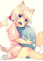 Rule 34 | 1girl, :d, animal ear fluff, animal ears, beige background, blue eyes, blush, cat ears, cat girl, cat tail, chita (ketchup), commentary, fangs, hair between eyes, hair bobbles, hair ornament, head tilt, highres, long hair, looking at viewer, hugging object, open mouth, original, pink shirt, shirt, short sleeves, signature, silver hair, simple background, sitting, smile, solo, stuffed animal, stuffed fish, stuffed toy, tail, tail raised