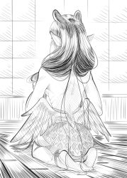 Rule 34 | 1girl, absurdres, athies, back, back focus, backless dress, backless outfit, barefoot, breasts, commentary, dress, english commentary, greyscale, hair behind ear, highres, holding, holding hair, hololive, hololive english, long hair, monochrome, ninomae ina&#039;nis, pointy ears, seiza, sideboob, single thighhigh, sitting, sketch, soles, solo, thighhighs, topless, very long hair, virtual youtuber