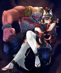 Rule 34 | 1girl, animal ear fluff, animal ears, armpits, arms up, beak, bell, black hair, black sleeves, clenched hands, closed mouth, detached sleeves, full body, glowing, glowing eyes, hair ornament, hairclip, hatotaurus (ookami mio), highres, hololive, horns, jojo no kimyou na bouken, long hair, midriff, monster, multicolored hair, muscular, night, night sky, ookami mio, ookami mio (1st costume), parody, red eyes, sandals, sankyo (821-scoville), sky, stand (jojo), star (sky), tail, thighhighs, two-tone hair, virtual youtuber, white thighhighs, wolf ears, wolf girl, wolf tail, yellow eyes