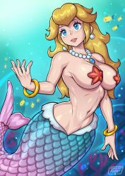 Rule 34 | 1girl, bare arms, bare shoulders, blonde hair, blue eyes, bracelet, breasts, coral, earrings, fins, fish, fish tail, gold bracelet, hand up, jewelry, large breasts, long hair, looking to the side, mario (series), mermaid, mermaid peach, monster girl, navel, necklace, nintendo, open mouth, pearl earrings, pearl necklace, princess peach, princess peach: showtime!, redjet, smile, solo, starfish, stomach, tail, teeth, underwater, upper teeth only