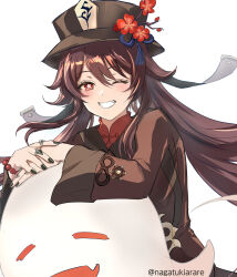 Rule 34 | 1girl, arm rest, bead bracelet, beads, black hair, black hat, black nails, blush, boo tao (genshin impact), bracelet, bright pupils, brown coat, brown hair, coat, commentary, flower, flower-shaped pupils, genshin impact, ghost, grin, hat, hat flower, hat tassel, highres, hu tao (genshin impact), jewelry, long hair, long sleeves, looking at viewer, multiple rings, nagatukiarare, one eye closed, plum blossoms, red eyes, red flower, ring, simple background, smile, solo, symbol-shaped pupils, twintails, twitter username, white background, white pupils