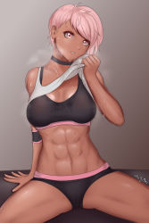 Rule 34 | 1girl, abs, bare shoulders, black sports bra, blush, bra, breasts, choker, cleavage, clothes lift, dark-skinned female, dark skin, elbow pads, fluffydus, grey background, hand on floor, highres, looking at viewer, muscular, muscular female, original, parted lips, pink eyes, pink hair, shirt, shirt lift, short hair, signature, sitting, sports bra, spread legs, steam, steaming body, stomach, sweat, sweaty clothes, thighs, underwear, white shirt, wiping sweat, yuna (fluffydus)