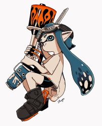 Rule 34 | 1girl, artist name, bike shorts, black footwear, blaster (splatoon), blue eyes, blue hair, boots, bright pupils, can, closed mouth, drink can, eyewear on head, female focus, flame print, flat chest, from side, full body, goggles, hands up, happy, highres, holding, holding weapon, inkling, inkling girl, inkling player character, long hair, looking at viewer, matching hair/eyes, nintendo, pale skin, pointy ears, shirt, shogo (shogo70449442), short sleeves, signature, simple background, sitting, smile, soda can, solo, splatoon (series), split mouth, suction cups, tentacle hair, tentacles, twintails, weapon, white-framed eyewear, white background, white pupils, white shirt
